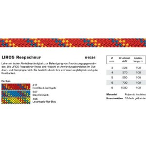 Liros Reepschnur leuchtgelb-rot-blau  5 mm 